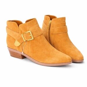 Vince Camuto Mustard Suede Ankle Boots with Gold Buckle